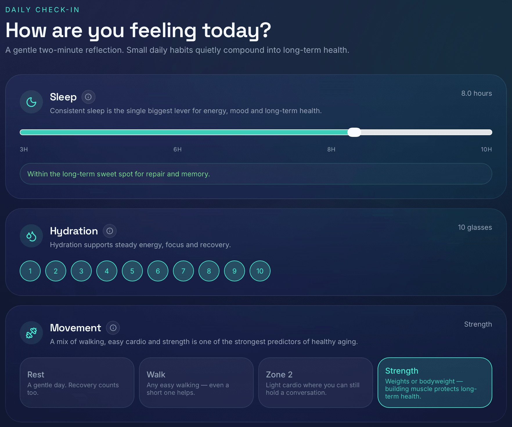 Daily Check-In der Longevity Journey App mit Schlaf-, Flüssigkeits- und Bewegungs-Eingaben.