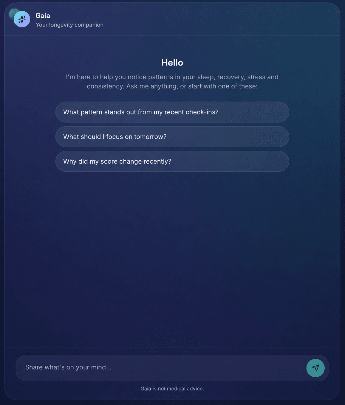 Gaia-Ansicht der Longevity Journey App: ruhiger Einstieg mit vorgeschlagenen Fragen und dem Hinweis, dass Gaia keine medizinische Beratung ist.