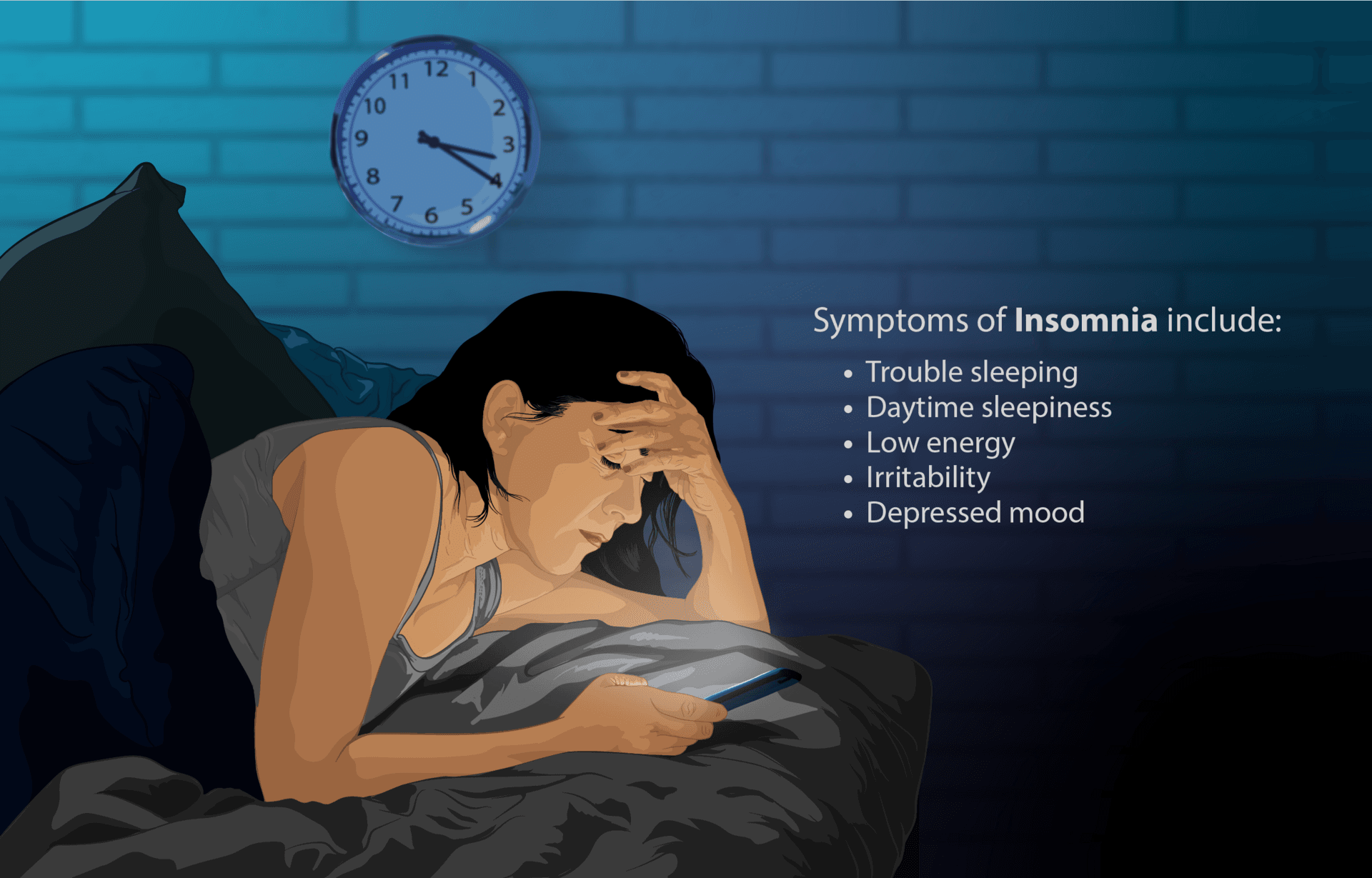 Illustration of a person lying awake in bed unable to sleep, showing typical symptoms of insomnia