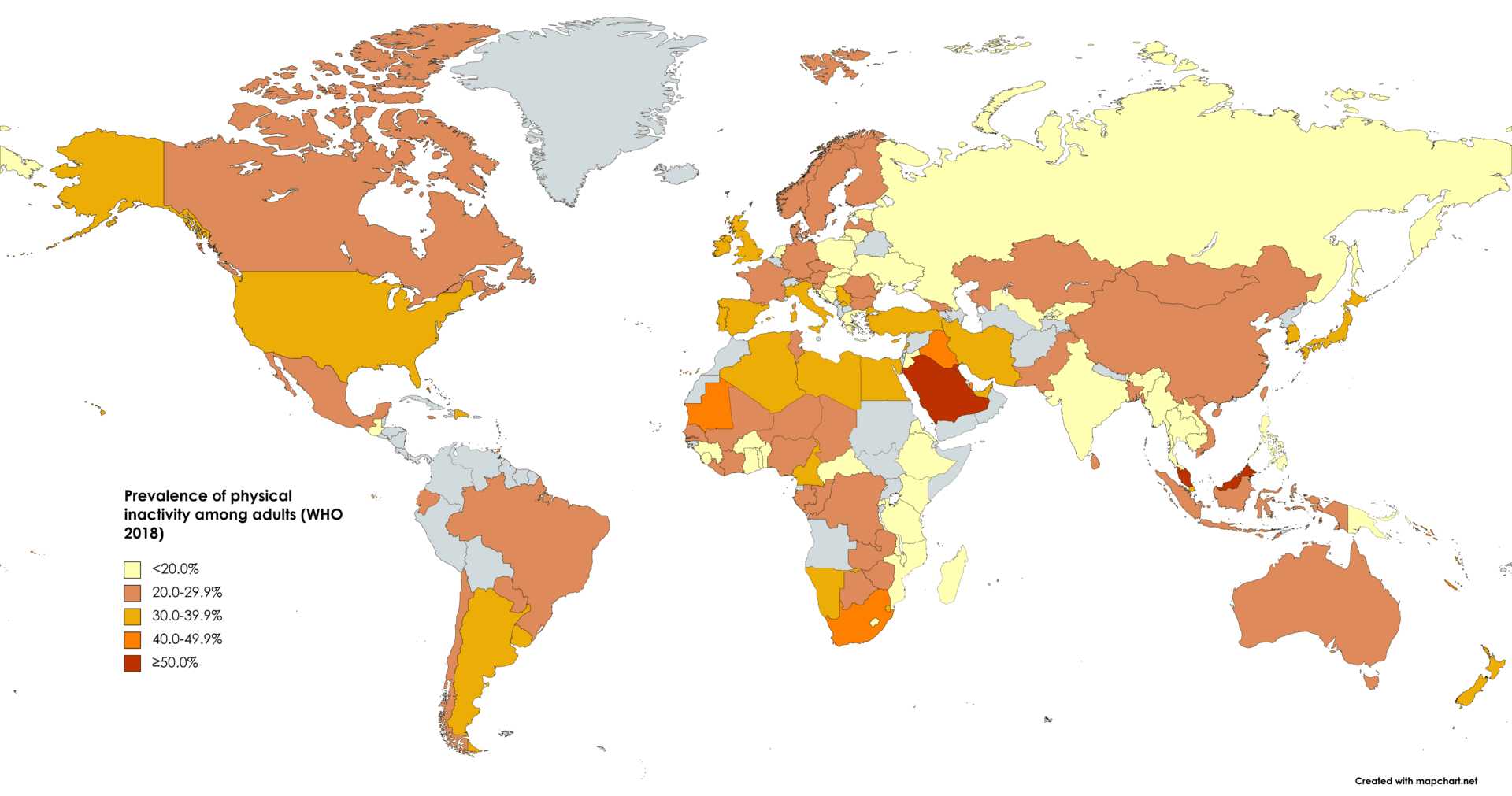 World map showing prevalence of physical inactivity among adults aged 18+, WHO 2018 estimates