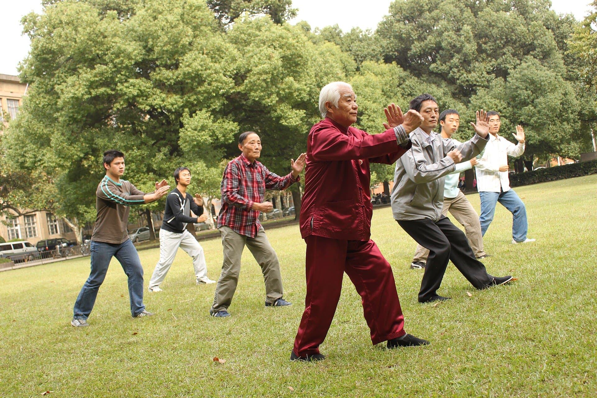 A group of people practicing Tai Chi together in a park in Shanghai